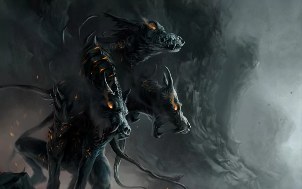 A dramatic HD wallpaper featuring Cerberus, the mythical three-headed dog, surrounded by swirling shadows and glowing eyes, embodying a powerful fantasy atmosphere.