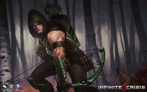 Oliver Queen as Green Arrow poised with his bow in a dark, forested setting, featured in the Infinite Crisis video game. High-definition wallpaper showcasing dynamic imagery.