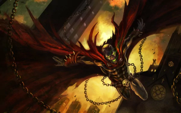 A dynamic HD wallpaper featuring Spawn from the comic series, soaring through a dramatic cityscape with his iconic red cloak and chains, exuding intensity and power.