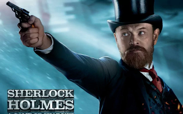 A dramatic HD wallpaper from Sherlock Holmes: A Game of Shadows, featuring Sherlock Holmes in a top hat, aiming a revolver against a mysterious backdrop.