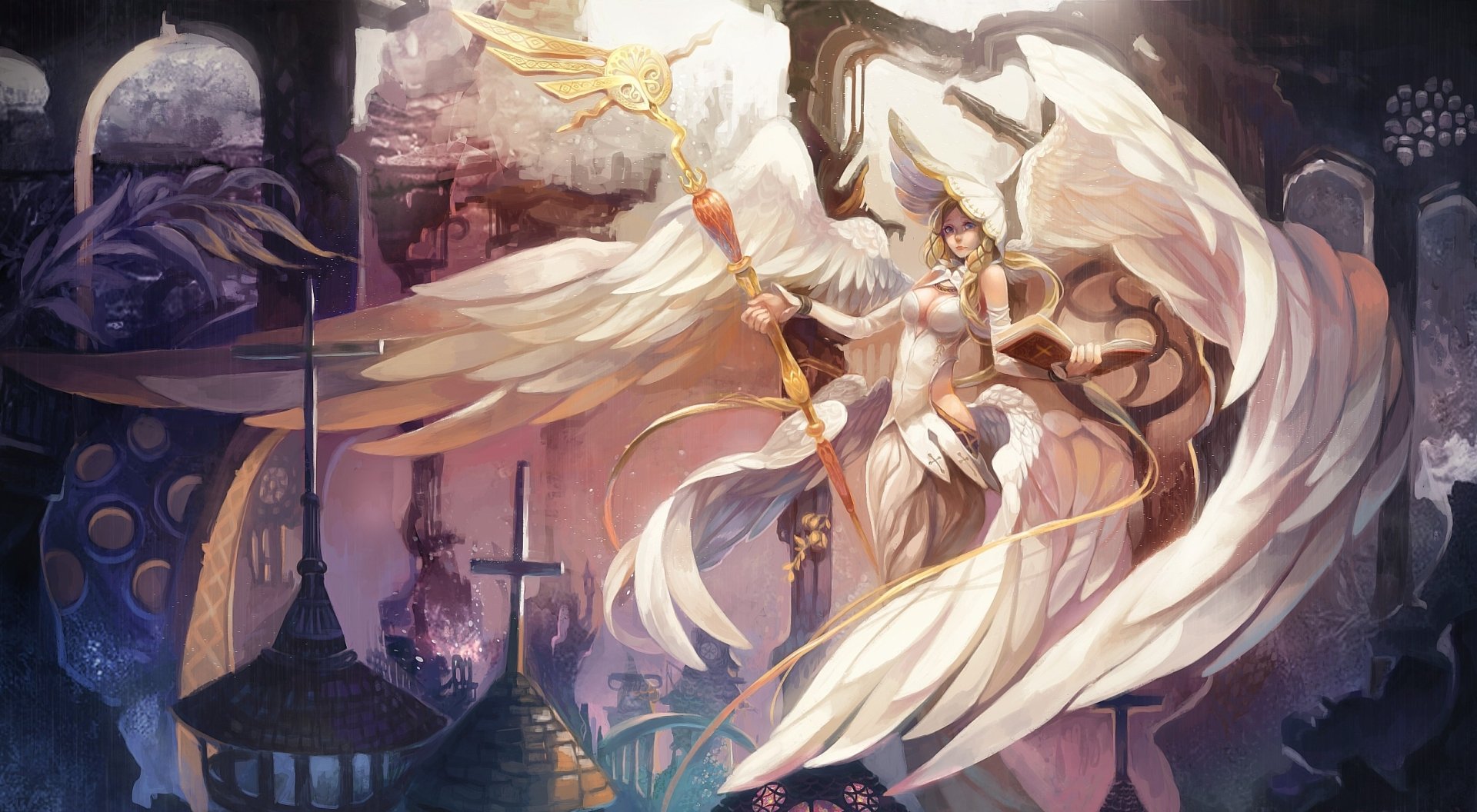 A majestic angel warrior stands with wings spread wide, wielding a staff amidst a fantastical, mystical backdrop. This HD artwork serves as a striking desktop wallpaper.