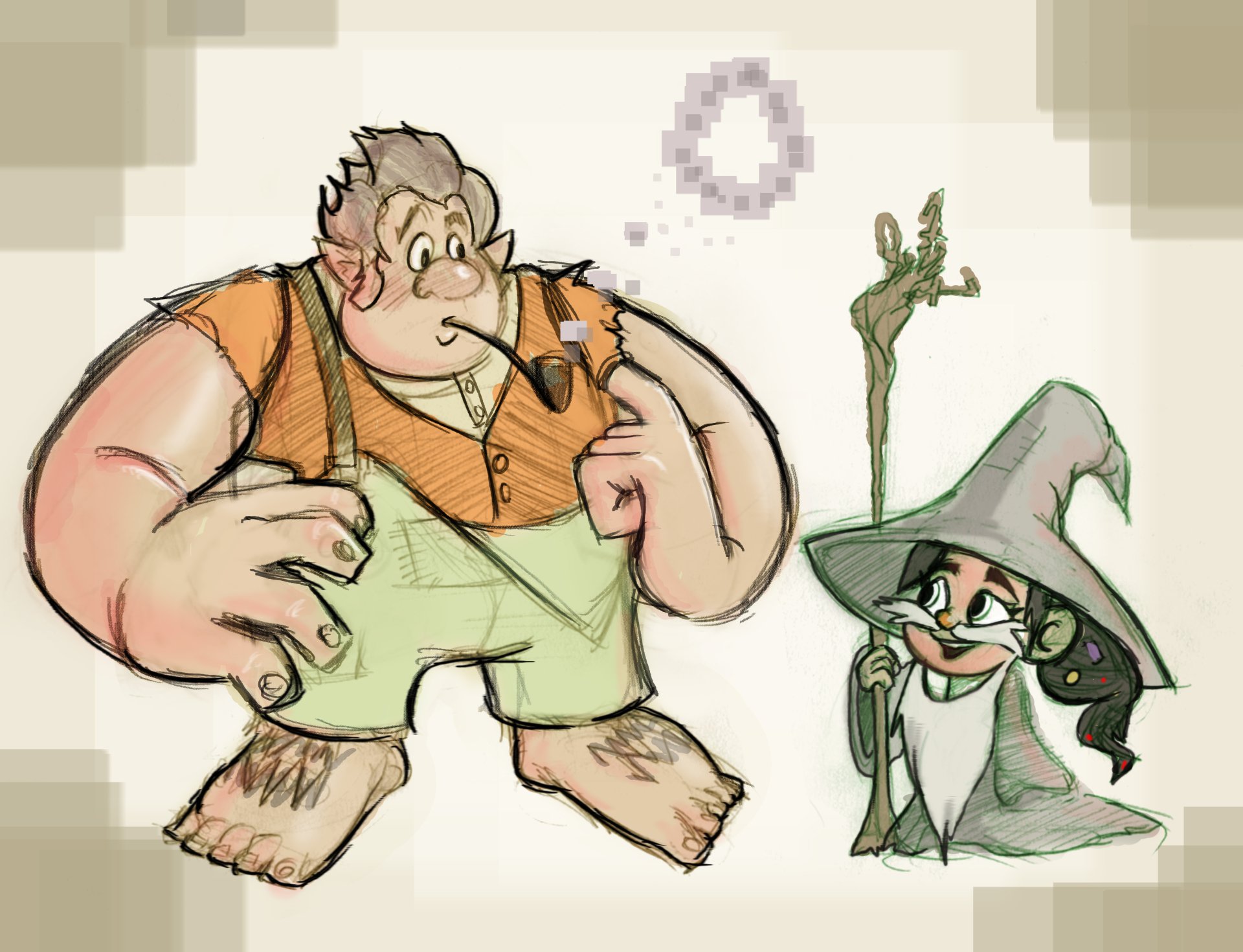 4K Ultra HD cosplay wallpaper featuring Wreck-It Ralph and Gandalf from The Hobbit surrounded by smoke in a unique movie crossover design.