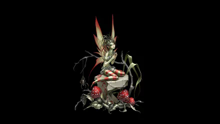 A whimsical fairy sits on a rock amidst vibrant mushrooms, surrounded by enchanting foliage, creating a captivating fantasy scene in this HD desktop wallpaper.