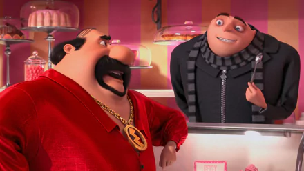 Despicable Me 2 2K Quad HD PC wallpaper: Gru and Eduardo El Macho talk in a colorful candy shop scene.