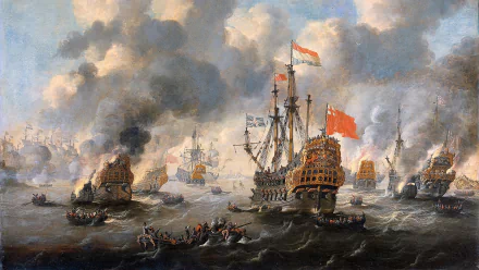 HD desktop wallpaper depicting a dramatic naval battle scene from the historic Raid on the Medway, with warships, smoke, and flags amid intense combat on the sea.