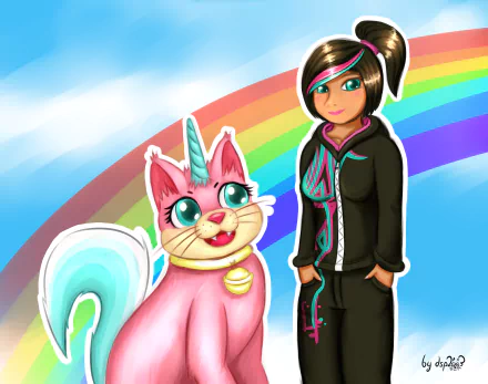 4K Ultra HD wallpaper featuring LEGO-style Wyldstyle from The LEGO Movie with a rainbow and a pink unicorn-cat inspired by Unikitty.