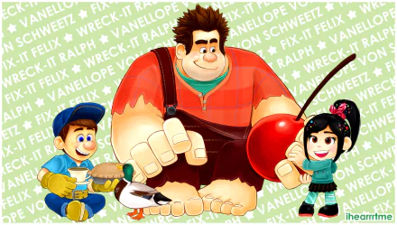 HD PC desktop wallpaper featuring Vanellope von Schweetz, Ralph from Wreck-It Ralph, and Fix-It Felix with a cherry, against a background of character names and movie title.