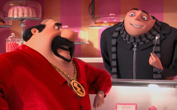 Despicable Me 2 2K Quad HD PC wallpaper: Gru and Eduardo El Macho talk in a colorful candy shop scene.