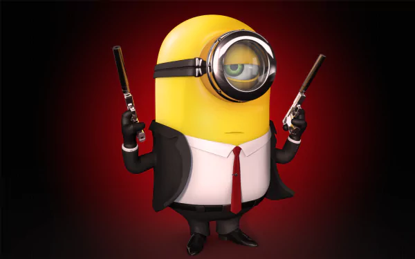 A vibrant HD desktop wallpaper featuring a Minion from Despicable Me 2, dressed in a suit and holding toy guns, set against a striking red background.