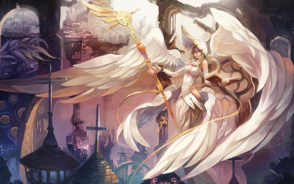 A majestic angel warrior stands with wings spread wide, wielding a staff amidst a fantastical, mystical backdrop. This HD artwork serves as a striking desktop wallpaper.