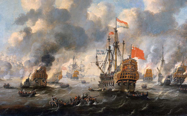 HD desktop wallpaper depicting a dramatic naval battle scene from the historic Raid on the Medway, with warships, smoke, and flags amid intense combat on the sea.