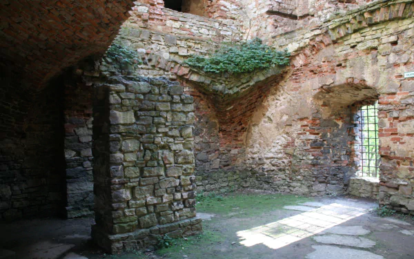 Man-made interior ruins of Lipowiec Castle: moss-covered stone walls, arched openings and sunlight on flagstones — HD PC desktop wallpaper/background.