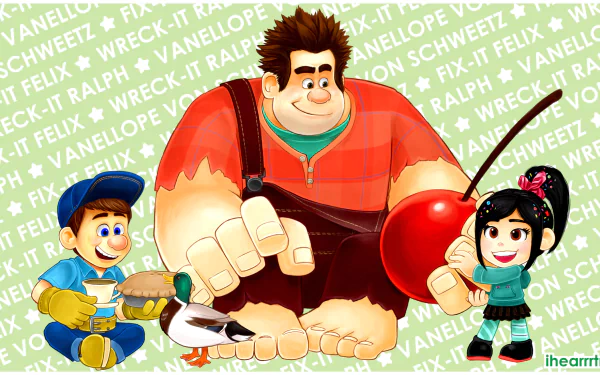 HD PC desktop wallpaper featuring Vanellope von Schweetz, Ralph from Wreck-It Ralph, and Fix-It Felix with a cherry, against a background of character names and movie title.