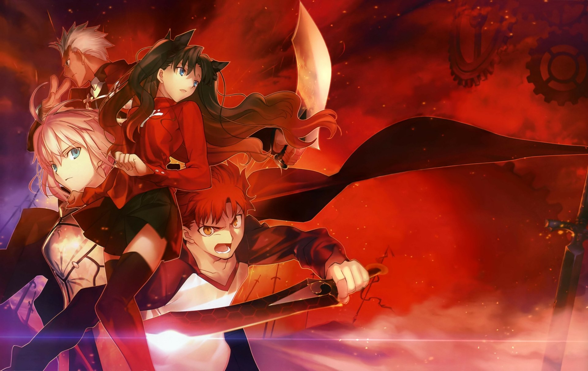 HD wallpaper featuring characters Rin Tohsaka, Shirou Emiya, and Archer from Fate/Stay Night, poised for battle with a fiery backdrop.
