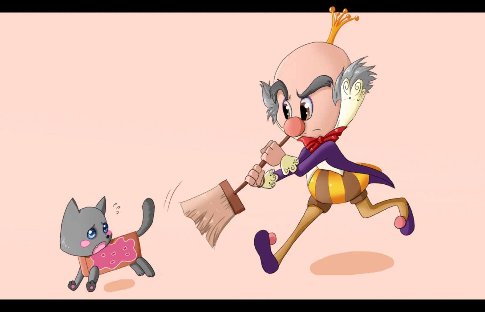 HD PC desktop wallpaper featuring King Candy from Wreck-It Ralph chasing a gray cat wearing a pink Nyan Cat sweater in a colorful movie-inspired collage style.