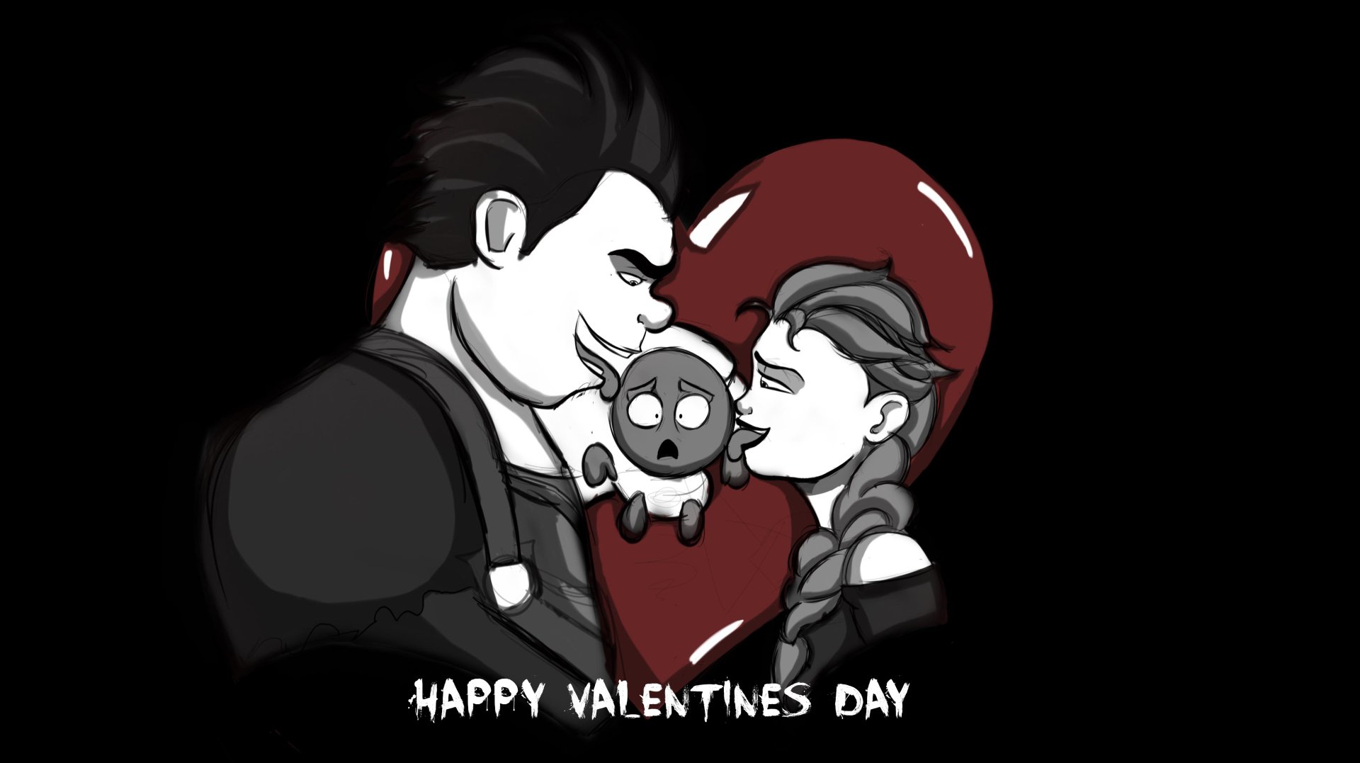 4K movie collage desktop wallpaper: Wreck-It Ralph and Elsa kiss over a surprised Sour Bill, snow falling, Happy Valentines Day text.