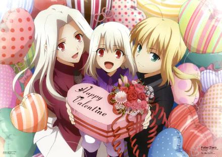 HD Fate/Zero wallpaper featuring Saber, Illyasviel, and Irisviel Von Einzbern celebrating Valentine's Day with a heart-shaped gift.