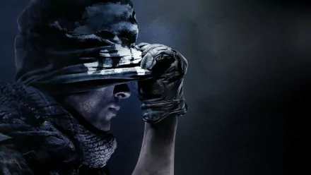 HD desktop wallpaper and background from the video game Call of Duty: Ghosts, depicting a soldier in profile wearing a helmet and gloves, adjusting the brim of his helmet against a dark, moody backdrop.