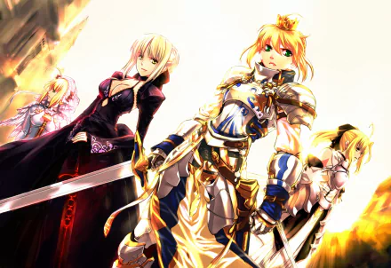 A dynamic HD wallpaper featuring characters from the Fate series, including Red Saber, Saber Alter, and Saber Lily, showcasing their iconic designs and powerful presence.