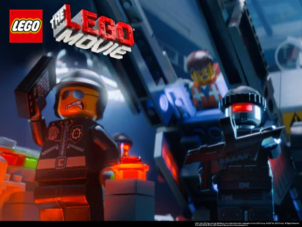 HD PC desktop wallpaper featuring LEGO Movie characters Emmet and a robotic cop with the LEGO Movie logo and text.