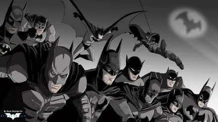 A dynamic HD desktop wallpaper featuring multiple versions of Batman surrounded by the Bat-Signal, showcasing the essence of DC Comics and the iconic superhero's legacy.