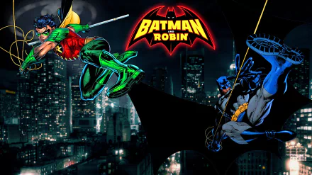 HD comic wallpaper featuring Batman and Robin swinging through a nighttime cityscape with the Batman & Robin logo prominently displayed.
