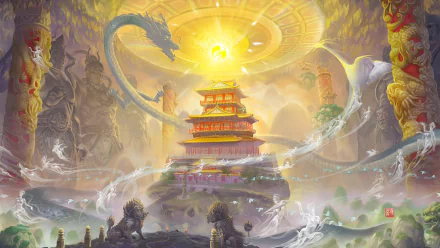 HD desktop wallpaper featuring a majestic fantasy scene with dragons swirling around an ancient golden pagoda under a radiant sun.