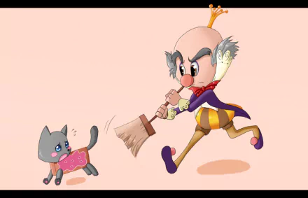 HD PC desktop wallpaper featuring King Candy from Wreck-It Ralph chasing a gray cat wearing a pink Nyan Cat sweater in a colorful movie-inspired collage style.