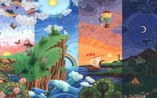 HD desktop wallpaper featuring a colorful tapestry of nature scenes transitioning from day to night.