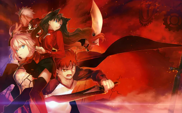 HD wallpaper featuring characters Rin Tohsaka, Shirou Emiya, and Archer from Fate/Stay Night, poised for battle with a fiery backdrop.