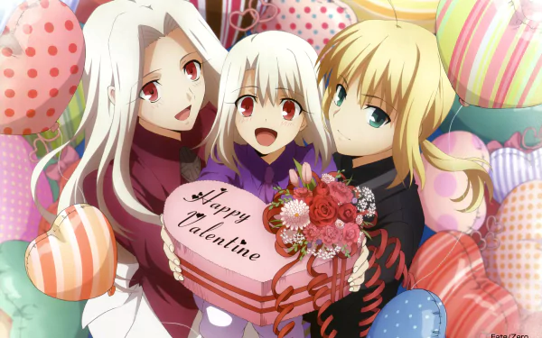 HD Fate/Zero wallpaper featuring Saber, Illyasviel, and Irisviel Von Einzbern celebrating Valentine's Day with a heart-shaped gift.
