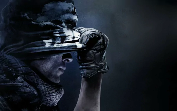 HD desktop wallpaper and background from the video game Call of Duty: Ghosts, depicting a soldier in profile wearing a helmet and gloves, adjusting the brim of his helmet against a dark, moody backdrop.