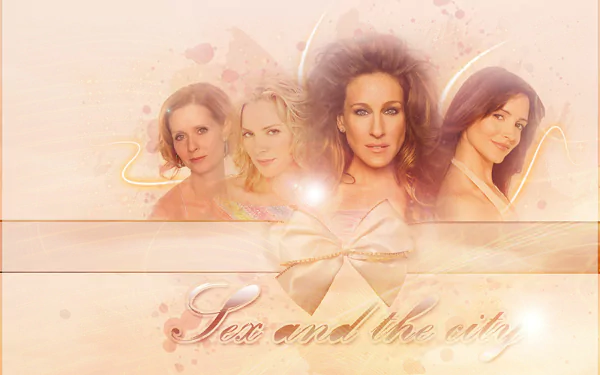 A vibrant HD desktop wallpaper featuring the main characters from Sex and the City, surrounded by soft colors and a decorative bow, showcasing the show's iconic style and charm.