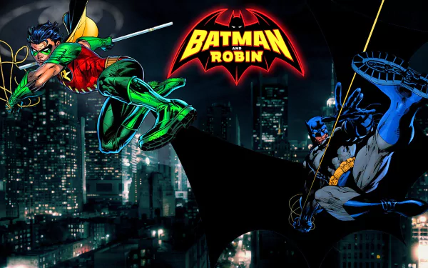 HD comic wallpaper featuring Batman and Robin swinging through a nighttime cityscape with the Batman & Robin logo prominently displayed.