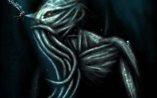 HD desktop wallpaper featuring a fantasy depiction of Cthulhu in dark, eerie waters with glowing red eyes and tentacles reaching out.