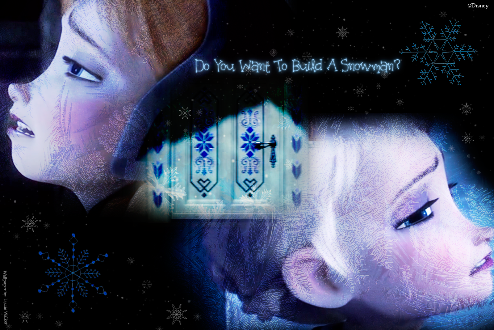 HD PC desktop wallpaper featuring Anna and Elsa from Frozen, surrounded by snowflakes with the phrase Do You Want To Build A Snowman? in a snowy, movie-themed design.