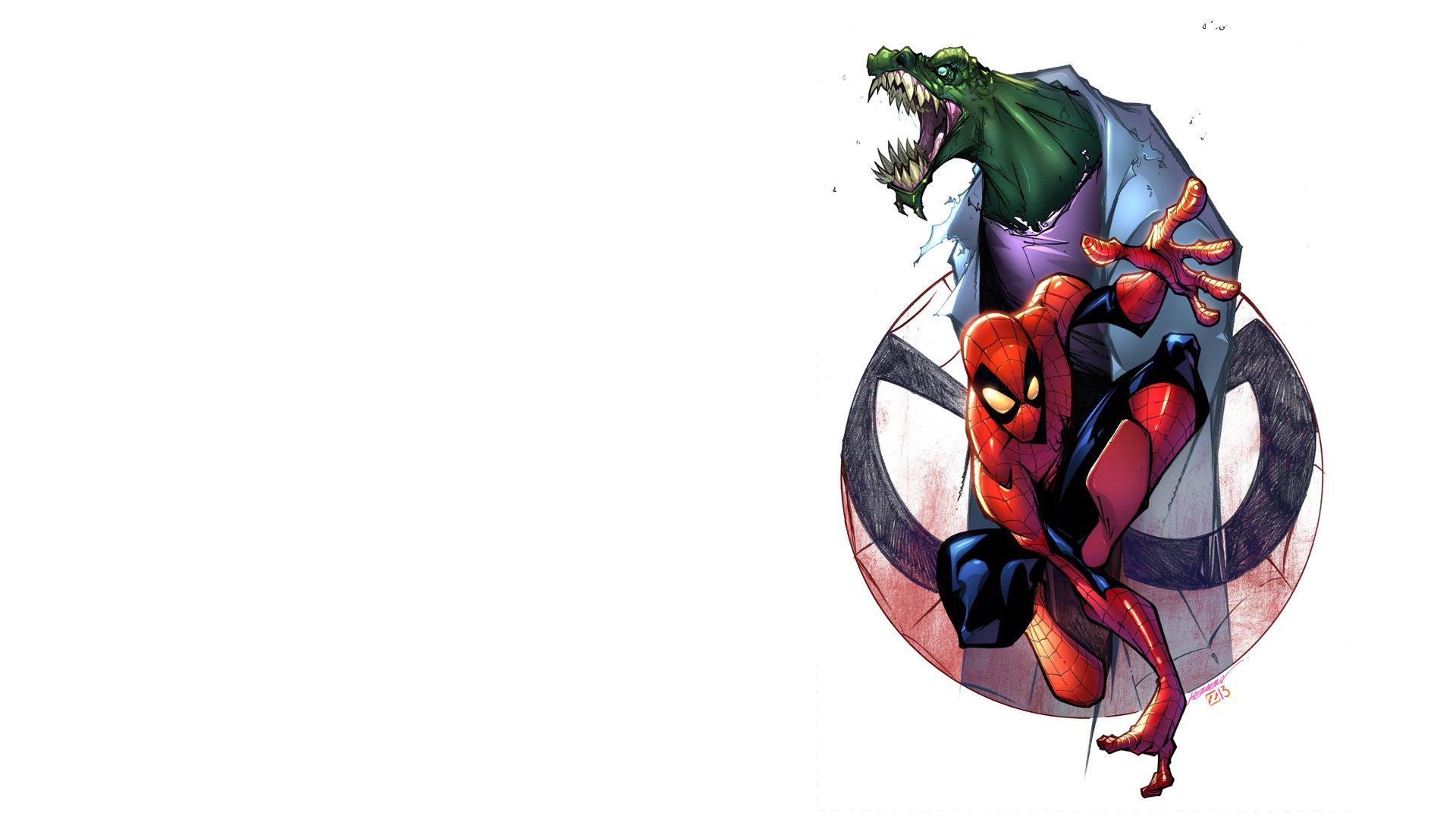HD PC desktop wallpaper featuring comic-style Spider-Man crouching with a fierce alligator-like villain emerging behind him.