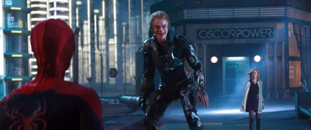 HD desktop wallpaper featuring a scene from The Amazing Spider-Man 2 with Spider-Man, Green Goblin (Dane DeHaan), and Gwen Stacy (Emma Stone) near the Oscorp building at night.