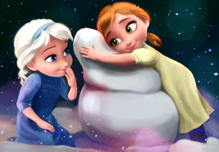 HD desktop wallpaper featuring young Elsa and Anna from the movie Frozen, playing in the snow. Anna is hugging a snowman while Elsa smiles nearby, with a snowy, starry background.