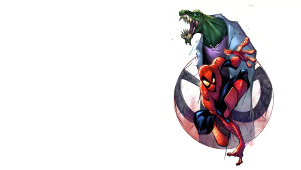 HD PC desktop wallpaper featuring comic-style Spider-Man crouching with a fierce alligator-like villain emerging behind him.