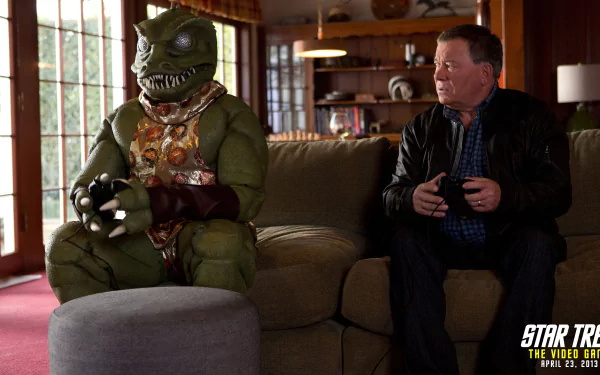 A 4K Ultra HD PC desktop wallpaper featuring a scene from a Star Trek video game with an alien character and a man sitting on a couch in a cozy living room.