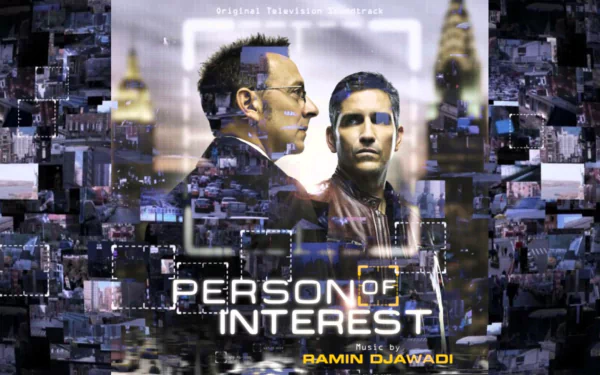 HD desktop wallpaper featuring Jim Caviezel and Michael Emerson from the TV show Person of Interest, with a digital collage background and the show's title prominently displayed.