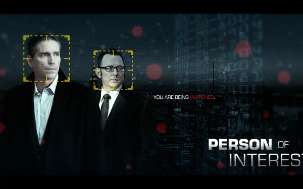 HD desktop wallpaper featuring Jim Caviezel and Michael Emerson from the TV show Person of Interest with a dark, tech-inspired background and the text YOU ARE BEING WATCHED.