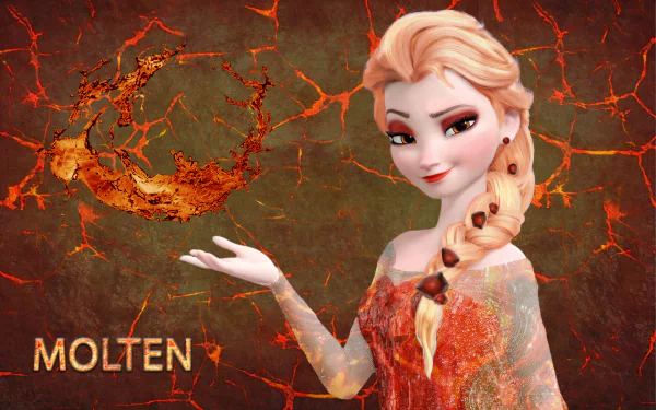 HD desktop wallpaper featuring Elsa from Frozen with a fiery lava background, holding a molten emblem, text “MOLTEN” on the left.