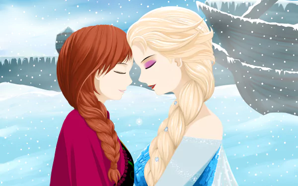 Elsa and Anna from the movie Frozen share an intimate moment in a snowy landscape, captured in this vibrant 4K Ultra HD wallpaper.