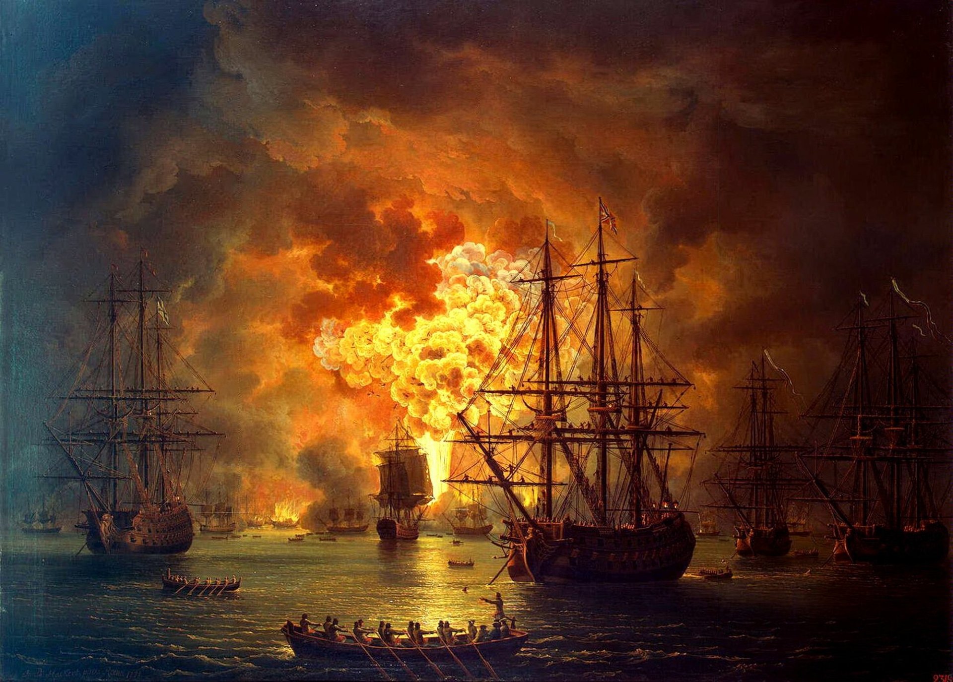 HD desktop wallpaper depicting a dramatic naval battle scene with multiple military sailing ships amid fire and smoke on the water.