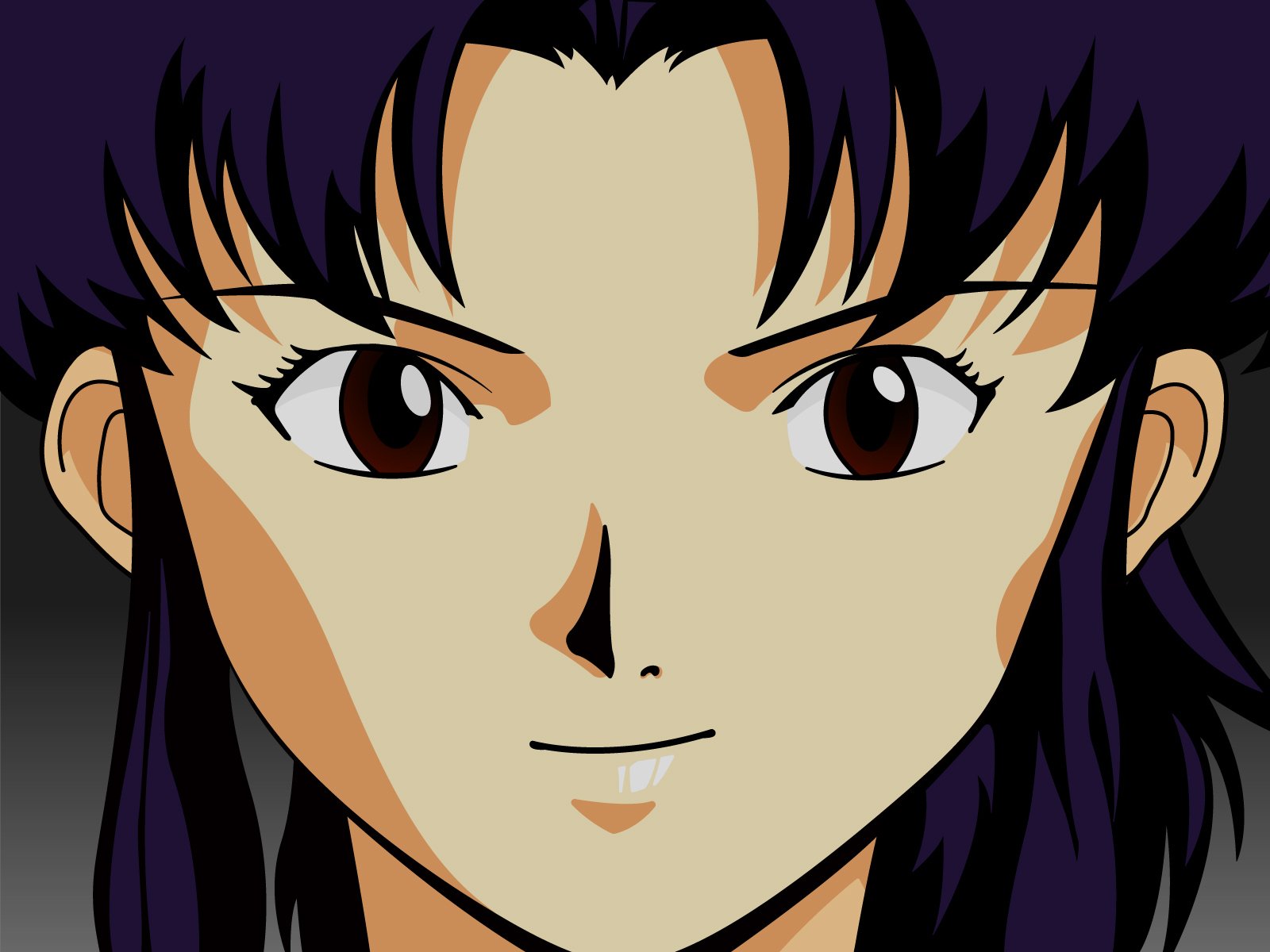 Close-up of Misato Katsuragi from Neon Genesis Evangelion, anime-style portrait with a confident smile — HD PC desktop wallpaper background.