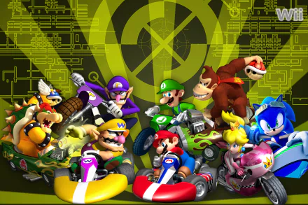 HD PC desktop wallpaper featuring characters from the video game Mario Kart Wii in their karts, ready to race on a vibrant, tech-inspired background.