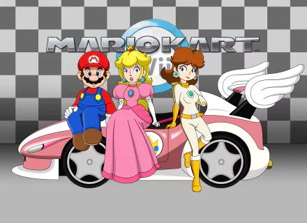A vibrant HD wallpaper featuring Princess Peach alongside Mario and Daisy, set against a Mario Kart Wii background, showcasing their iconic racing style.
