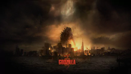 A dramatic HD wallpaper featuring Godzilla from the 2014 movie, showcasing the iconic creature amidst a backdrop of destruction and a smoky, apocalyptic skyline.